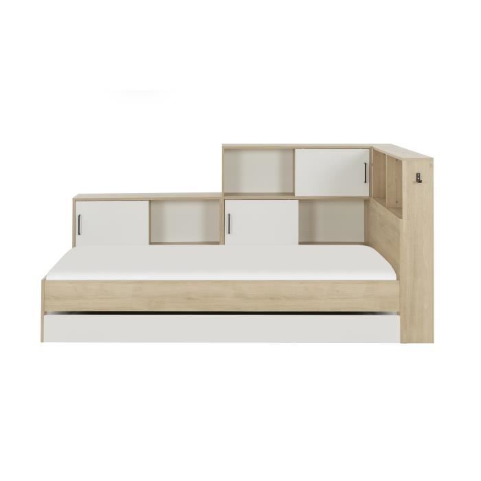 GAMI Erwan Lit enfant avec rangements - Décor blanc et châtaignier - 90 x 200 cm