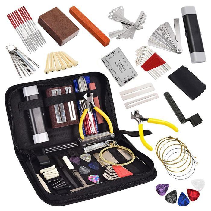 Kit di riparazione per chitarra da 72 pezzi, strumenti per la manutenzione e l'accordatura di chitarre elettriche, bassi e ukulele, accessori completi per liutai di Cuneary.