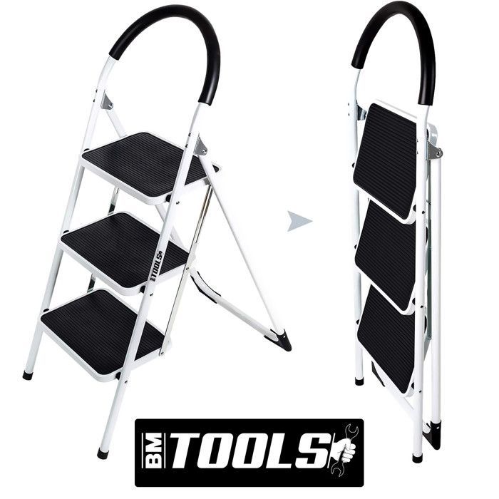 Scala a 3 gradini in acciaio BM TOOLS BMT-ESC3-STEEL, altezza di lavoro: 69 cm, facile da riporre, gradini e maniglie antiscivolo.