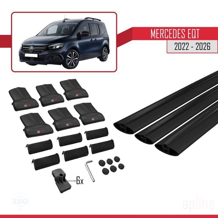 Barras de techo para Mercedes EQT / Citan W420 2022-2026, modelo FLY, portaequipajes para coche, color negro, 3 barras.