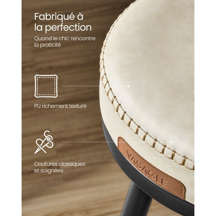 Swivel bar stool - VASAGLE - Set of 2 - 360° swivel - With backrest - Height 65 cm - Cream - PU - Stable
