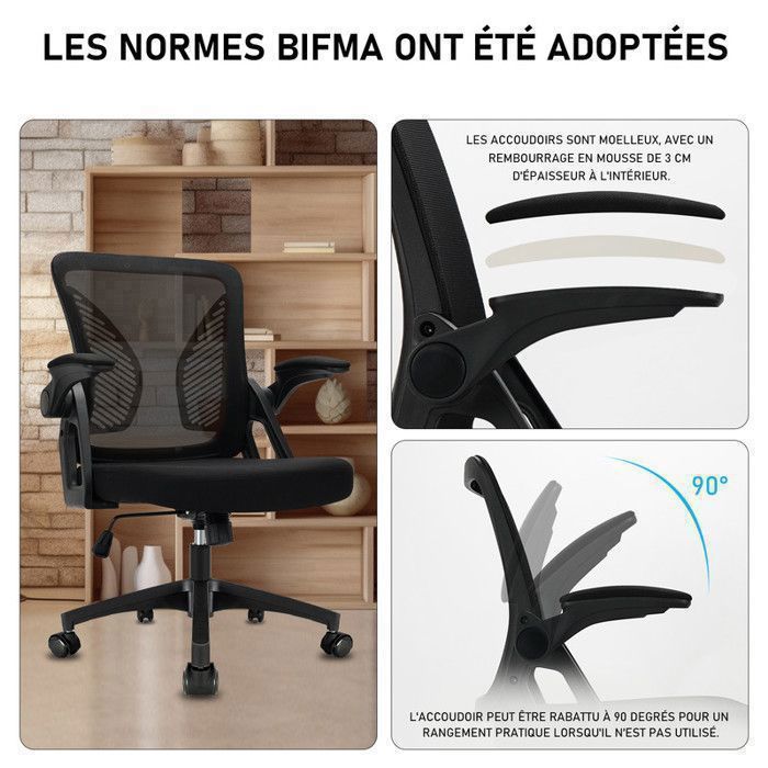 Office chair, desk chair with adjustable armrests and lumbar support, mesh office chair, black