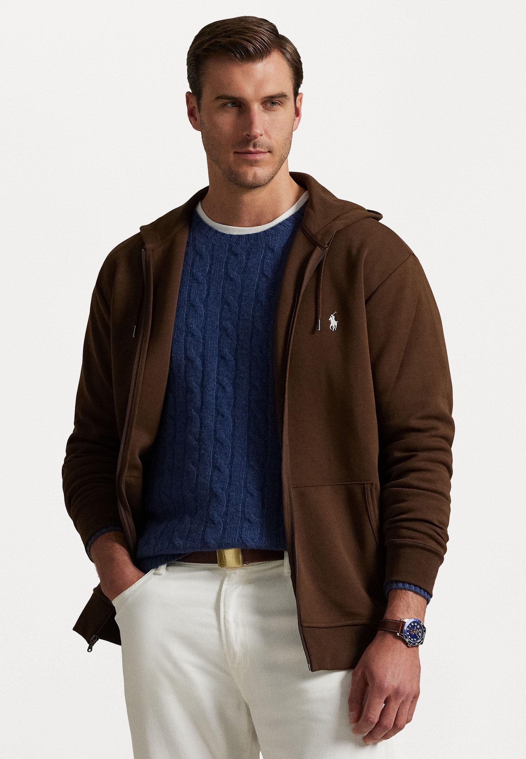 Polo Ralph Lauren Big & Tall Kapuzenpullover mit durchgehendem Reißverschluss und Doppelstrick - Sweatshirt mit Reißverschluss - Astbraun