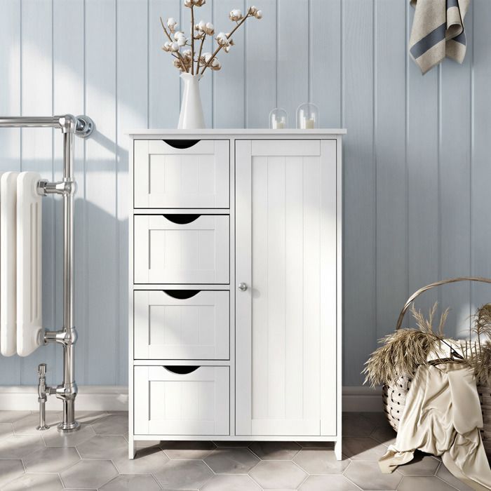 Bathroom Storage Cabinet, Space Saving, Chest of Drawers, with 4 Drawers, Cabinet with Door, Adjustable Shelf, Cloud White