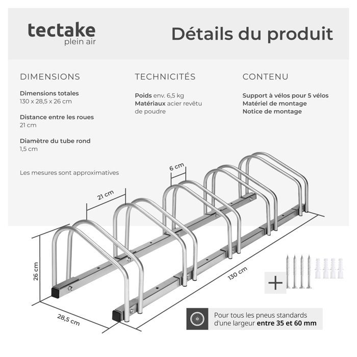 Portabicicletas - TECTAKE - Soporte de pared o suelo para 5 bicicletas, acero, 130 x 28,5 x 26 cm - Gris