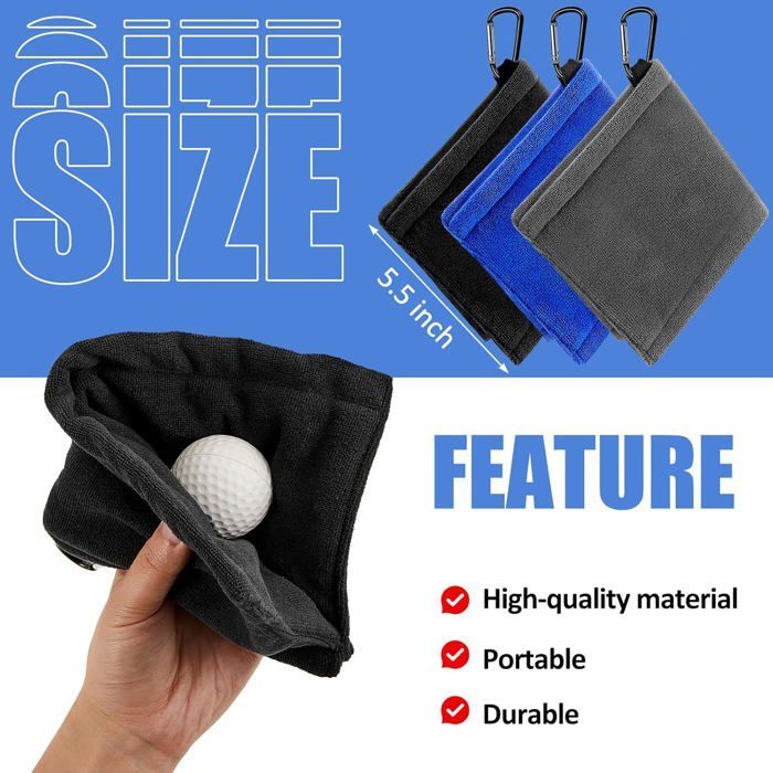 Lot de 3 serviettes golf microfibre - Format poche 14 cm avec clip - Nettoyage équipement/sac - Unisexe - Noir/Gris/Bleu