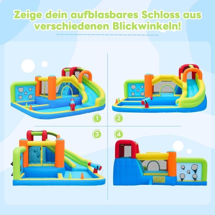 Opblaasbaar kasteel met blower, waterpark voor kinderen, waterglijbaan, werpmuur, basketbalring, klimmuur