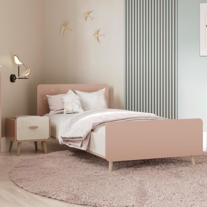 Juego de cama y mesita de noche - SUZIE - 90 x 190 cm - Roble / Albaricoque - DEMEYERE