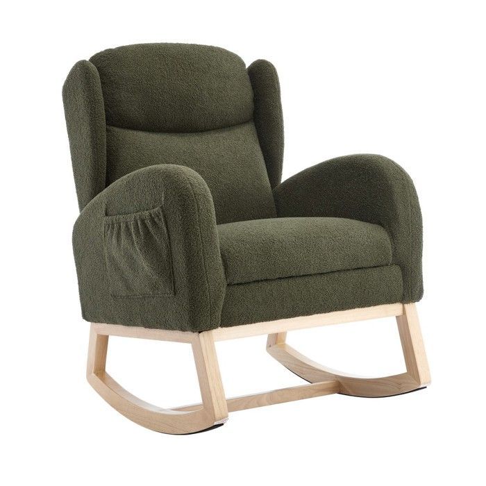 Rocking nursing chair with adjustable footrest, high back and comfortable Teddy fabric - Green