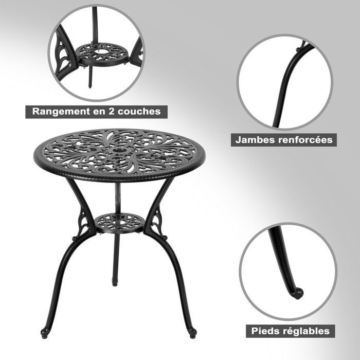 Conjunto de muebles de jardín Avestar de 3 piezas de aluminio fundido: mesa de bistró con orificio para sombrilla (Ø 4,5 cm).