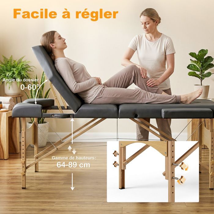 Table de massage - HOMCOM - 3 zones pliante et portable - hauteur et dossier réglables, appui-tête - bois hêtre - 215x60x89cm - gris