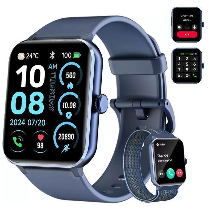 Blackview Montre Connectée Homme Appel Bluetooth Smartwatch Sport avec SpO2/Sommeil/Cardio/Étanche/100+ Sportif / 2 Bracelets Bleu