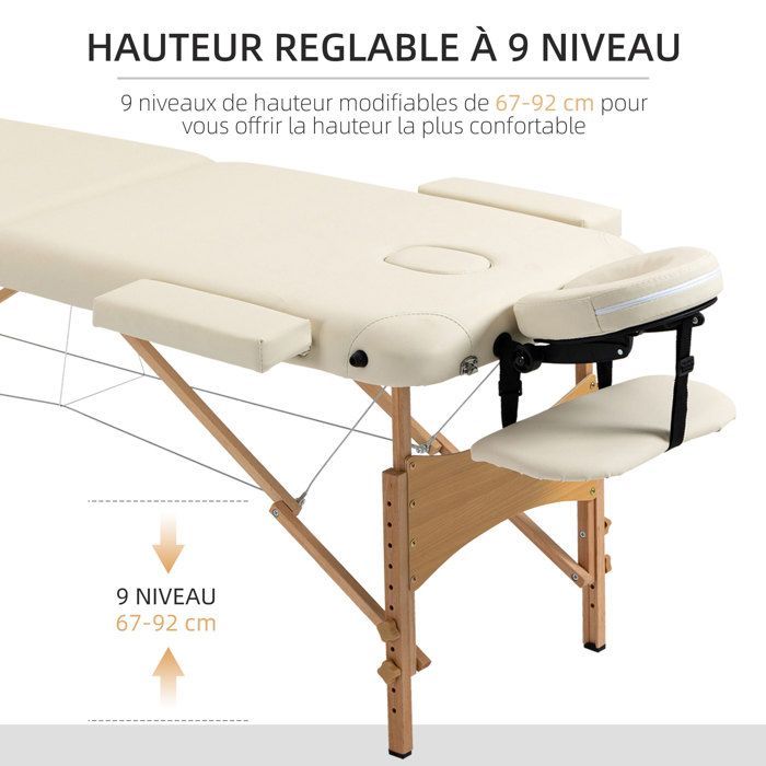 Camilla de masaje - HOMCOM - plegable, portátil, de 2 secciones, mueble regulable en altura - madera - color crema