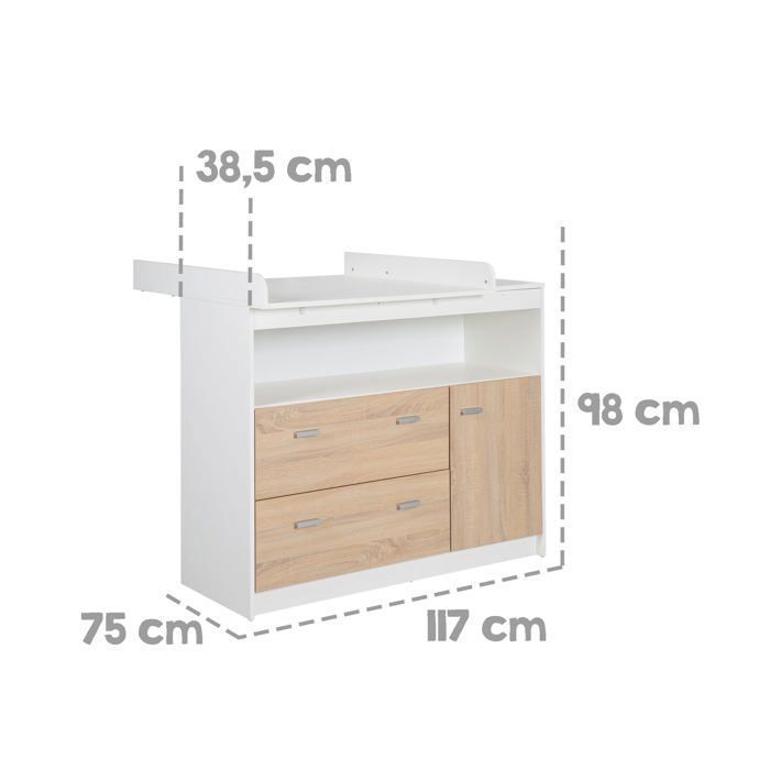 ROBA Gabriella Changing Table - 2 Drawers, 1 Door, 1 Open Compartment - White and Sonoma Oak Wood Effect