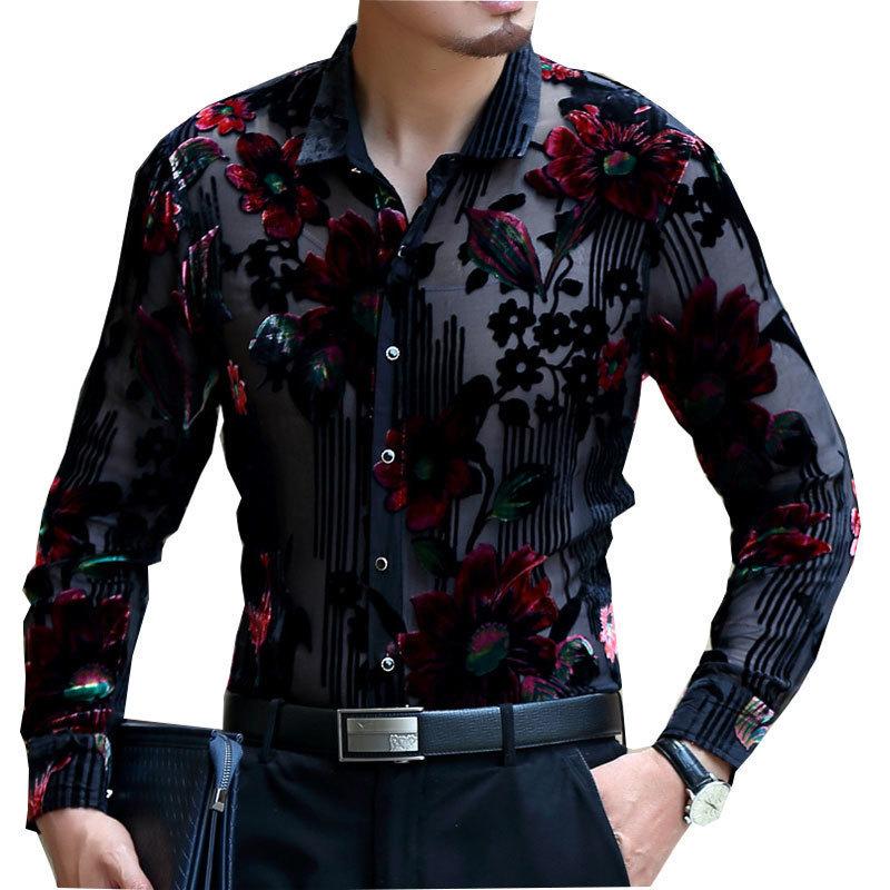 Camicia trasparente da uomo di lusso per feste in discoteca, balli di fine anno, camicia sexy da uomo con stampa floreale, matrimonio, Chemise Homme 4xl, camicia in pizzo
