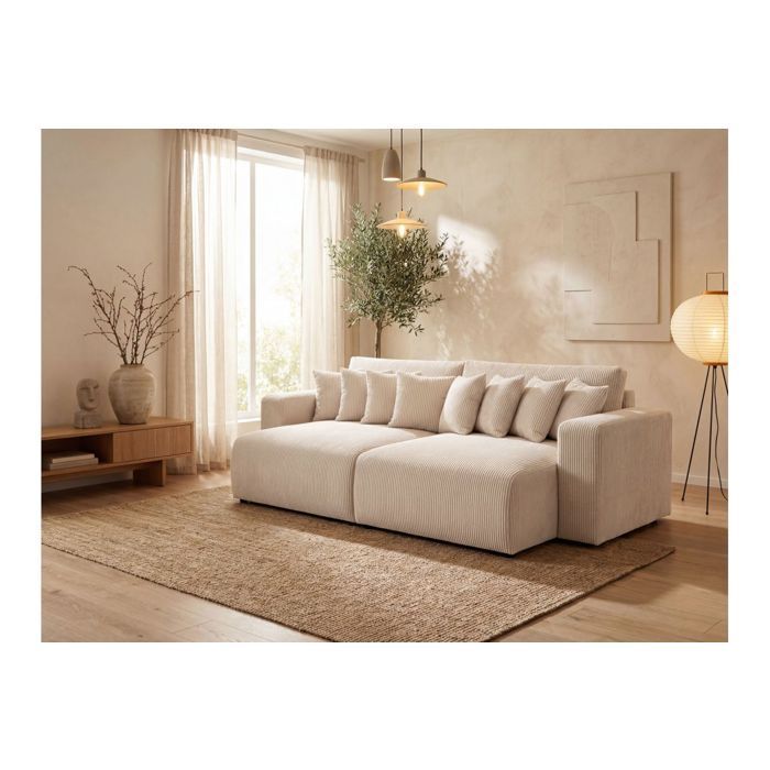 Sofá recto de 4 plazas JADE con doble chaise longue y asiento profundo en terciopelo de pana - Beige