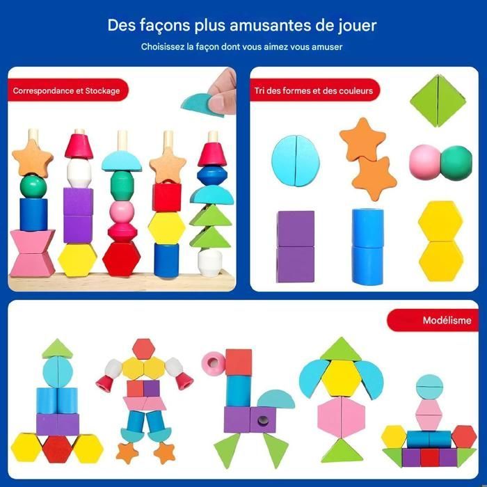 Juguete infantil para niños de 3 años: juguetes de madera para ensartar y ensartar 3 en 1, juguetes apilables y para ensartar, juegos Montessori para niños de 2 años, juego educativo 2