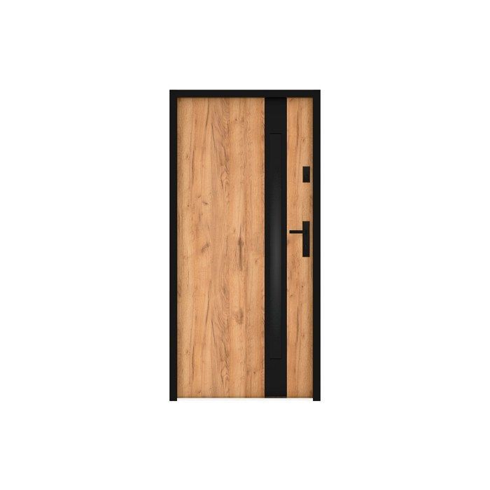 Puerta frontal de acero macizo y acero inoxidable, 207 cm de alto x 100 cm de ancho - cristal ahumado - efecto roble y negro - 55 mm de espesor - apertura a la izquierda - BRAGA