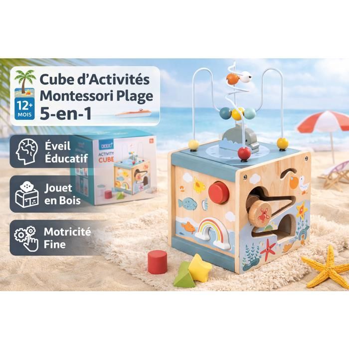 Cube d’activités Montessori - Cube Plage 5-en-1 - 5 activités - Bois naturel - Dès 12 mois
