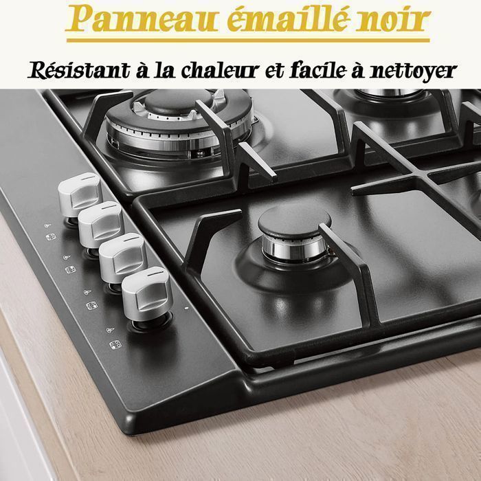 Gaskookplaat - 8060W - Inbouwgaskookplaat met 4 branders - Zwart glas - Aardgas/propaan - 60 cm gaskookplaat