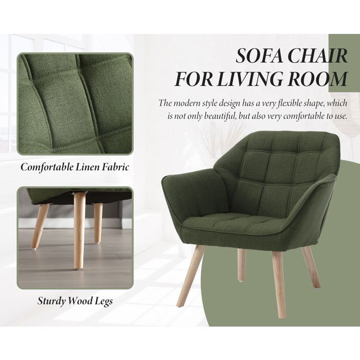 Wahson moderne fauteuil voor de woonkamer, Scandinavische stijl fauteuil met houten poten, comfortabele designfauteuil met linnen bekleding, groen