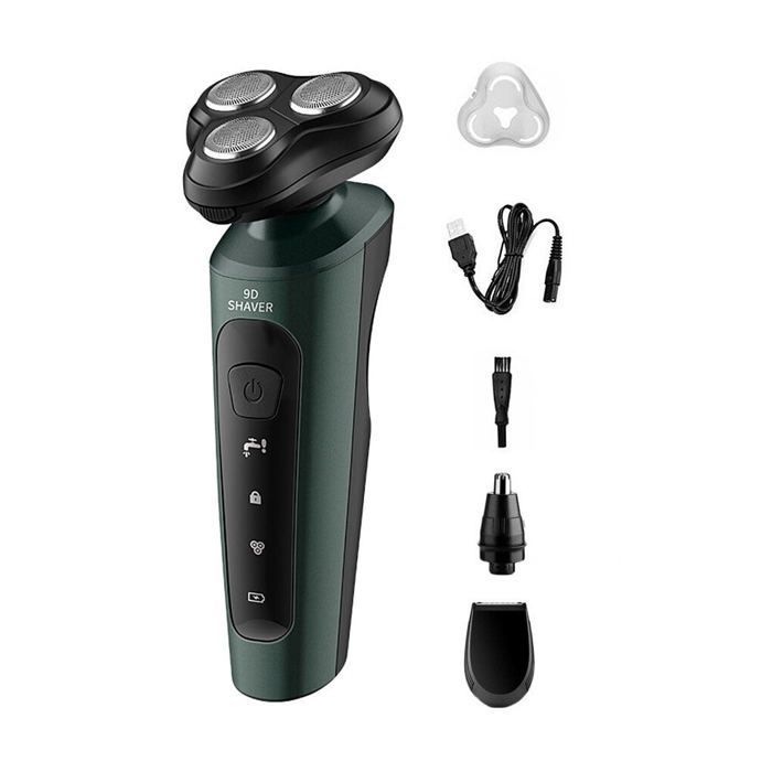 Rasoir électrique 4D In1 pour hommes, rechargeable, pour crânes chauves, 5 têtes, tondeuse à barbe et poils de nez, vert 3 en 1