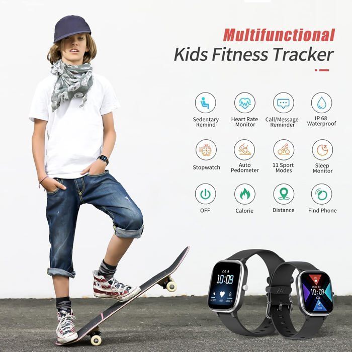 Fitness Tracker Activité Enfants,Ip68 Étanche Smartwatch Avec Montre Pour Enfants,Pour Garçons Et Filles De 6-16 Ans Noir