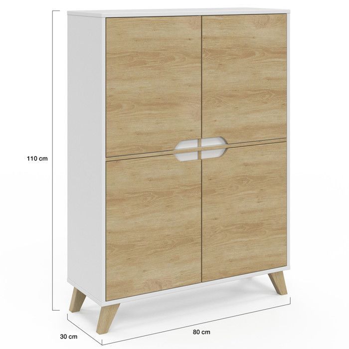 Mueble de almacenamiento IDMARKET HELSINKI de 4 puertas, estilo escandinavo, blanco y madera.
