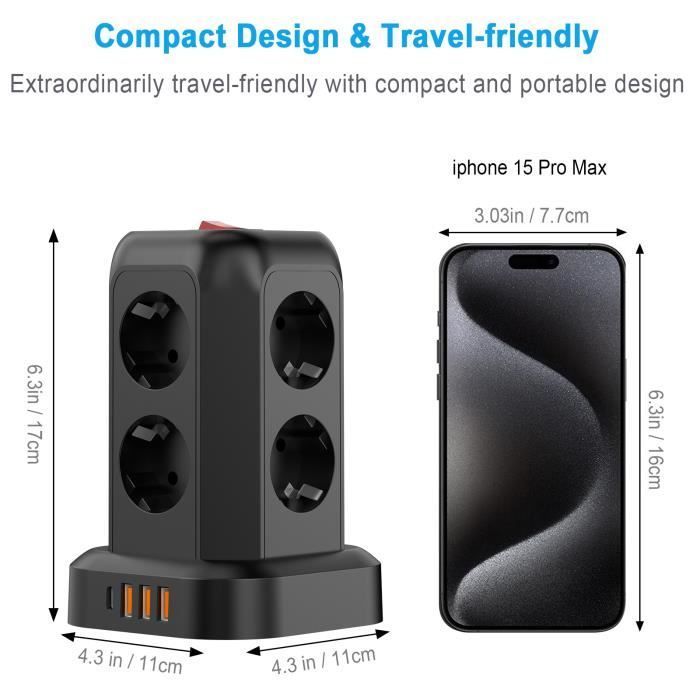 Power strip - FANTEC - Electric Tower Surge Protector - 8 Outlets - 4 USB Ports - 1.8M Cable