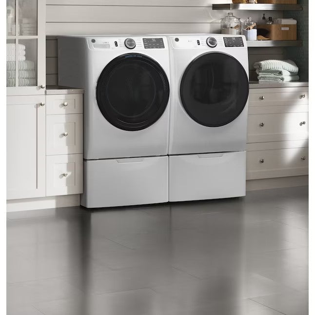 Secadora elétrica inteligente empilhável GE de 7,8 pés cúbicos (branca) com certificação ENERGY STAR.