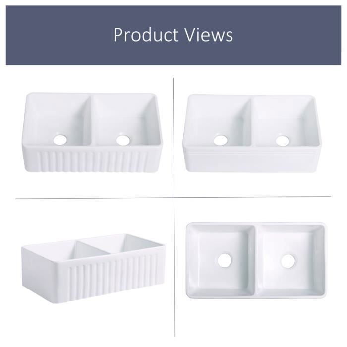 Fregadero de cocina estilo granja MEJE de 84,4 x 45,7 cm, fregadero con delantal, fregadero doble reversible para cocinas.