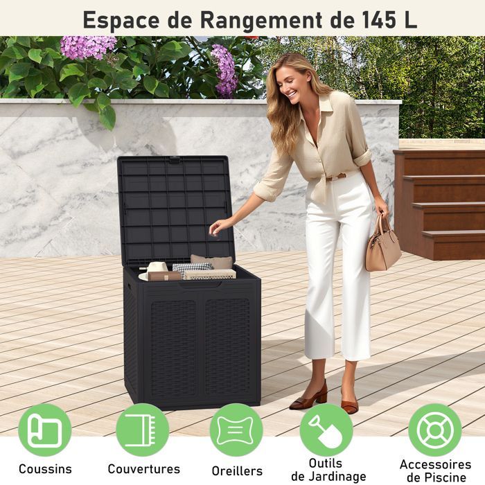 COSTWAY Coffre de Rangement Extérieur 145 L - 56 x 56 x 60,5 cm (L x l x H), Motifs en Rotin PP Noir