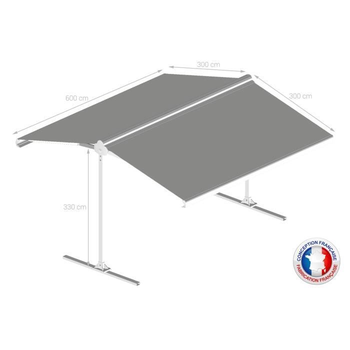 Toldo manual de doble pendiente de 6x2x3 m - Tela gris y estructura de satén blanco - GARDEN OMBRAZUR