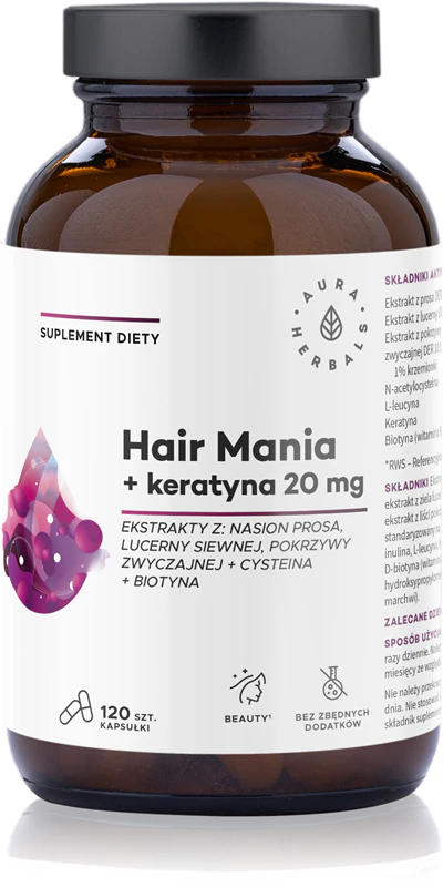 Cápsulas do suplemento alimentar Aura Herbals Hair Mania + Queratina para cabelos, pele e unhas bonitos.