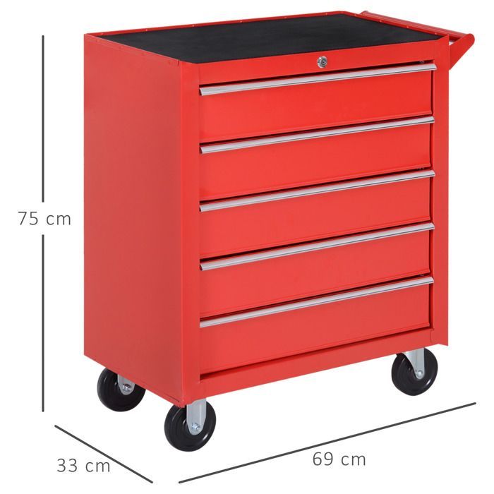 Carro de taller - DURHAND - carro de herramientas con ruedas, 5 cajones, resistente a los arañazos, con cerradura - acero - rojo