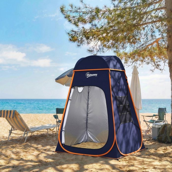 Tente de douche - Outsunny - pop up Pliable - toit amovible et fenêtres - polyester - 152 x 152 x 200 cm - bleu foncé