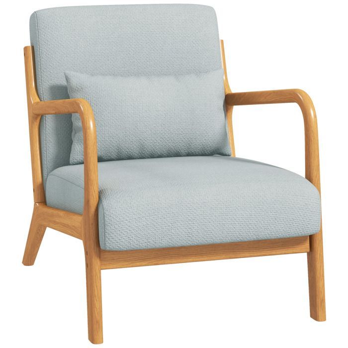Sillón HOMCOM con estructura de madera maciza, asiento profundo, reposabrazos y tapizado en lino sintético gris claro.