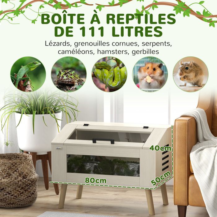 Terrarium pour reptiles - PawHut - avec aération - 111L - avec fenêtres en verre trempé, couvercle - 80 x 50 x 60 cm - bois naturel