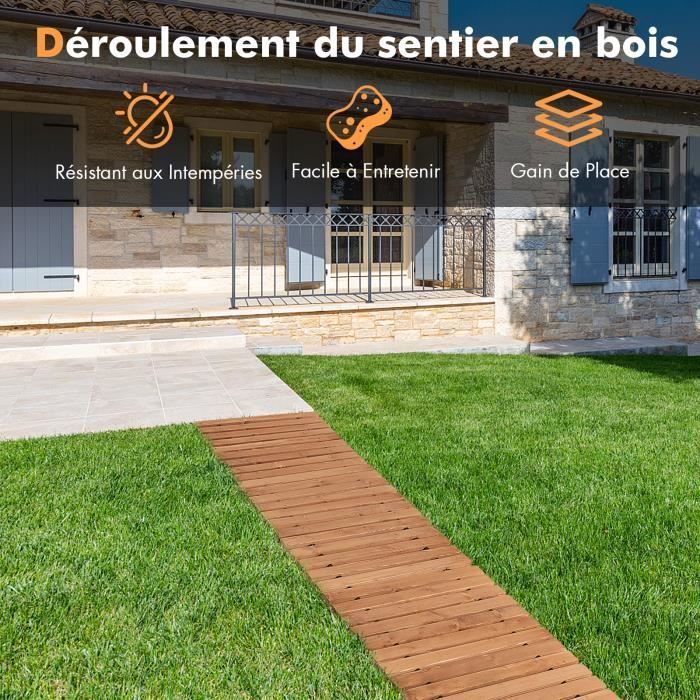 Camino de jardín de madera enrollable COSTWAY de 245 cm, resistente a la intemperie, 43 x 4,5 cm, con alambre de acero y textura antideslizante para patio.