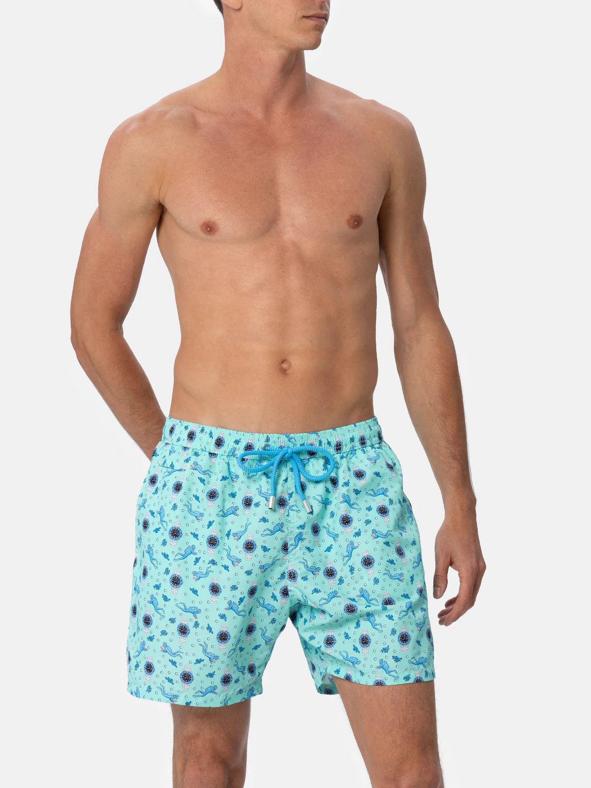 Man Lighting Swim Shorts With Watches Print, Quick-Drying, Adjustable Waistband, And Side Pockets. Classic Fit. MC2 Saint Barth.