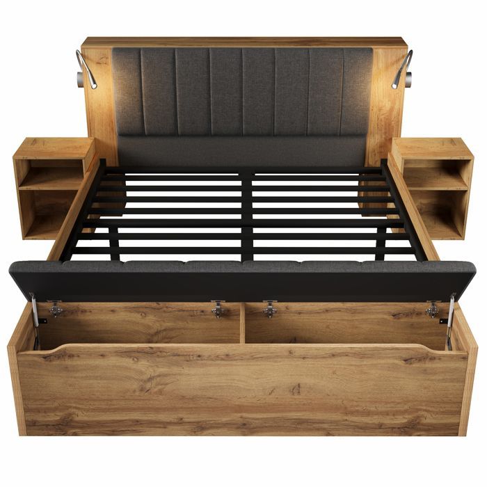 Letto matrimoniale 180x200 cm - MODERNLUXE - Lampade da lettura + porte USB + panca contenitore - 2 comodini - Naturale