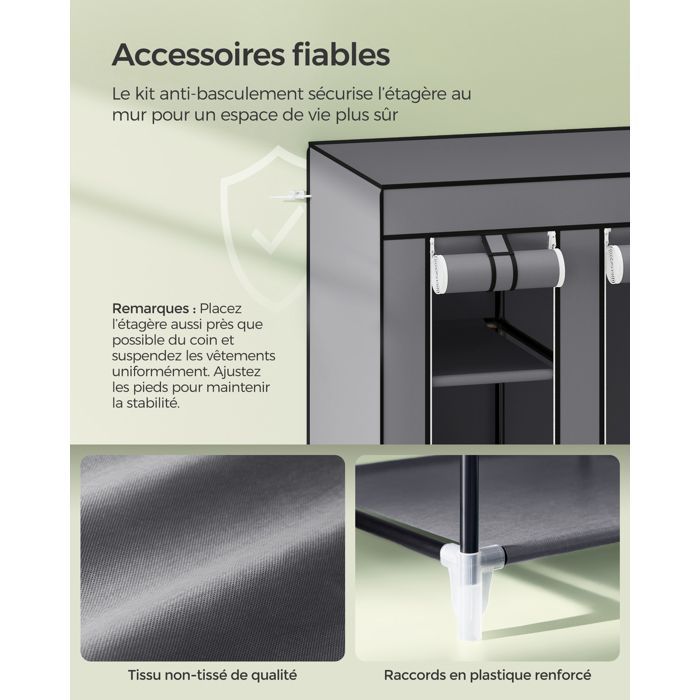 SONGMICS Armoire de rangement XXL, Penderie dressing en Tissu non-tissé, 150 x 45 x 175 cm, Gris LSF03G