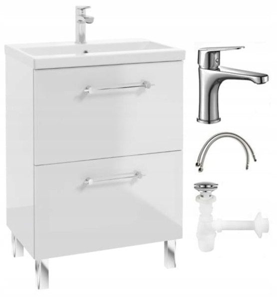 Zestaw Szafka łazienkowa z umywalką baterią i syfonem 50x80cm Stojąca Biała