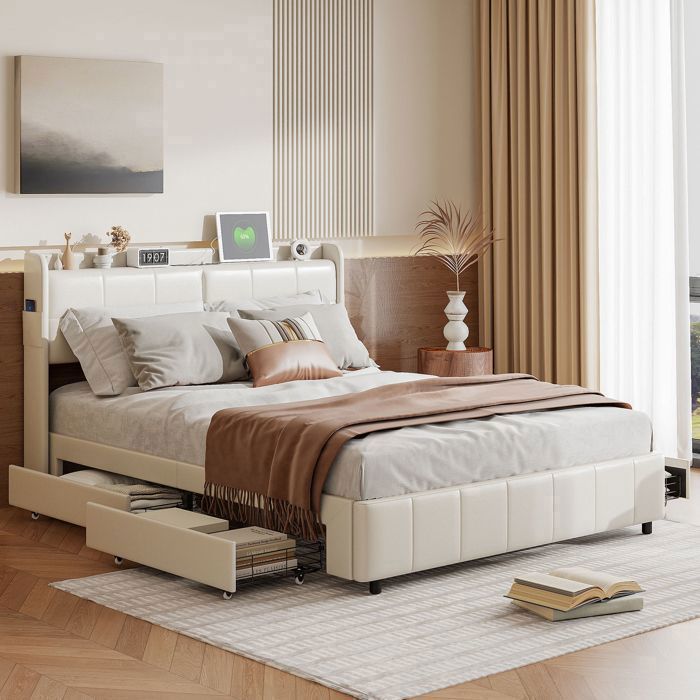 Conjunto completo de quarto adulto, base de cama 160x200 cm, cama de casal, cama com arrumação 160x200 cm, cama, porta USB, 4 gavetas, arrumação, estofado, PU, branco
