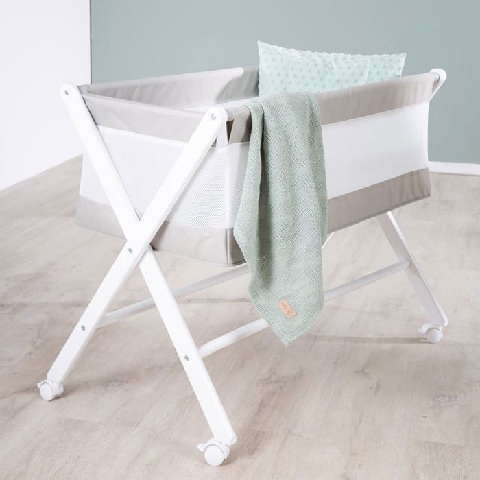 ROBA Faltbares Beistellbett – Canvas und Netzgewebe – Matratze und feststellbare Rollen – 90 x 45 cm – Grau/Weiß