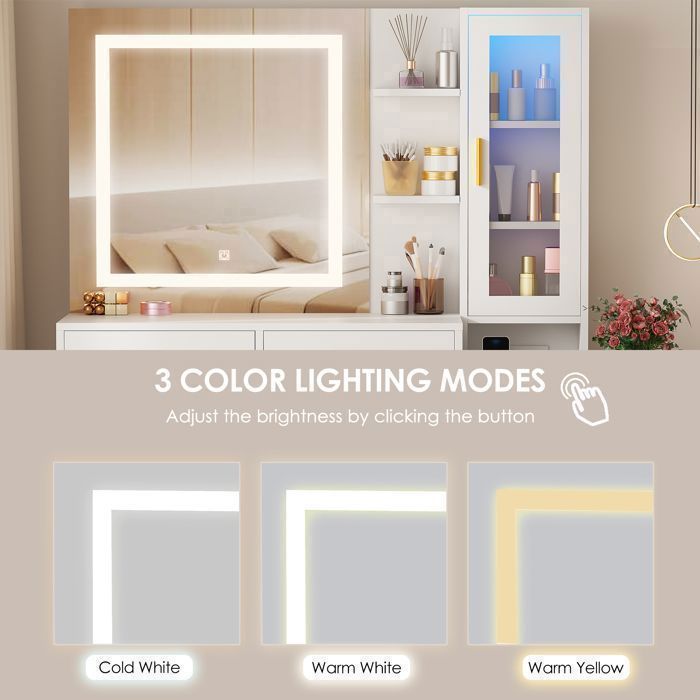 Coiffeuse avec Miroir et Tabouret, 2 Prises et Port USB, LED Réglable, 8 Tiroirs de Rangement, 1 Porte, Blanc
