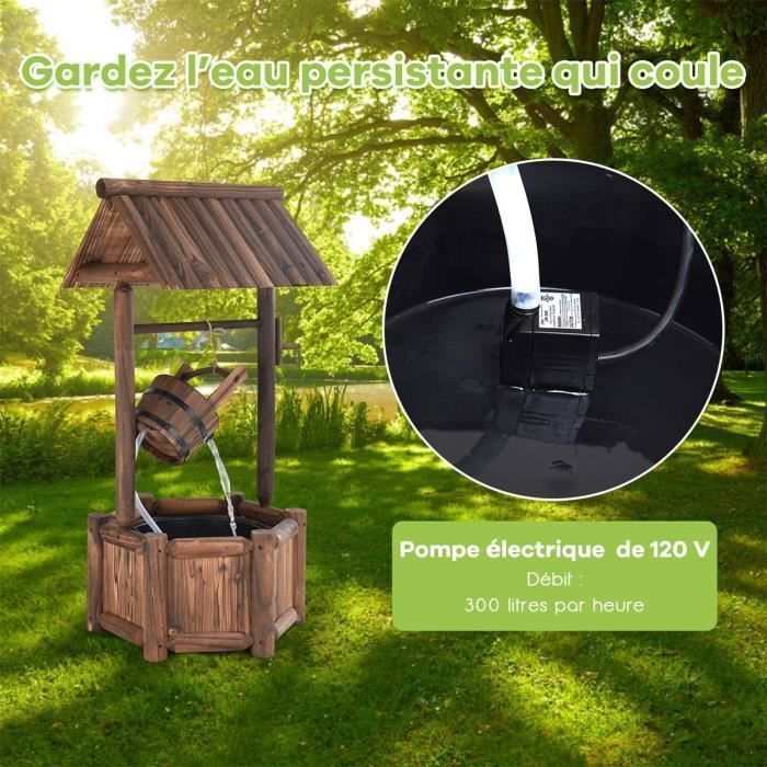 Fuente de jardín de madera para exteriores COSTWAY de 60x57x115 cm con bomba eléctrica, caudal de 300 L/h y cubo colgante con manguera transparente.