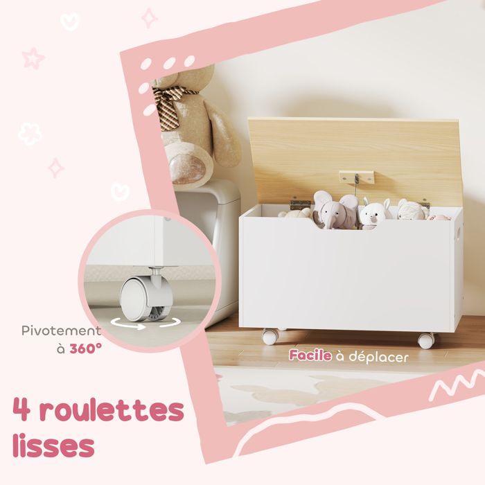 Coffre à jouet enfant - AIYAPLAY - sur roulettes - couvercle rabattable - charnières de sécurité - MDF - 59 x 30 x 53 cm - blanc