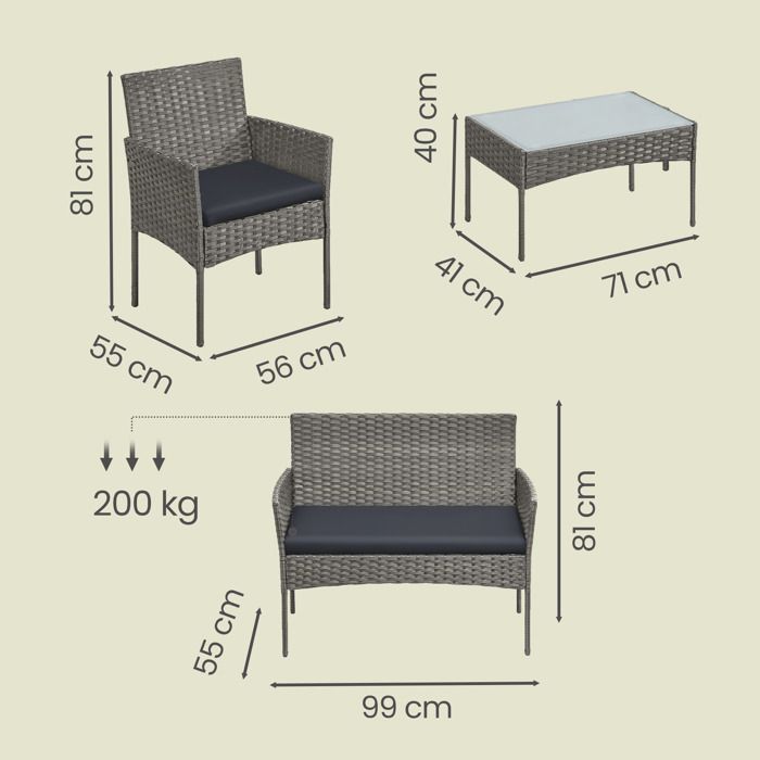 Conjunto de mesa y sillas de jardín para 4 personas, sillones y banco de resina tejida, mesa, para patio, gris.