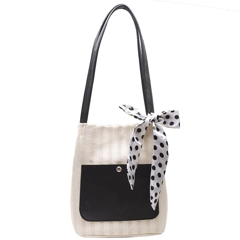 Sac cabas femme tendance, décoré de rubans, en paille unie, grande capacité, idéal pour les vacances d'été et de plage.